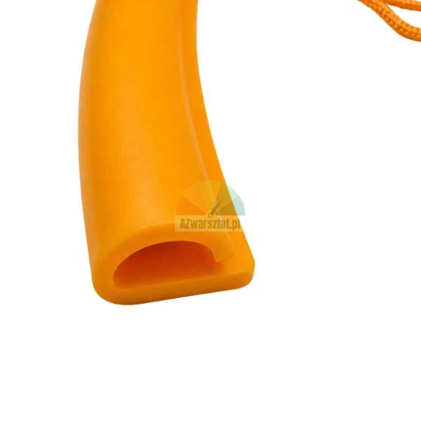 Close-up of an orange, flexible edge protector with a C-shaped profile.