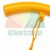 Close-up of a yellow plastic curved element with an attached yellow cord on a white background.