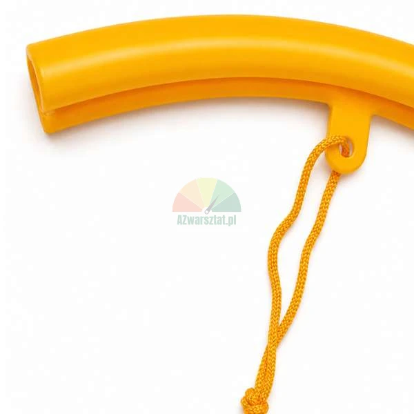 Close-up of a yellow plastic curved element with an attached yellow cord on a white background.