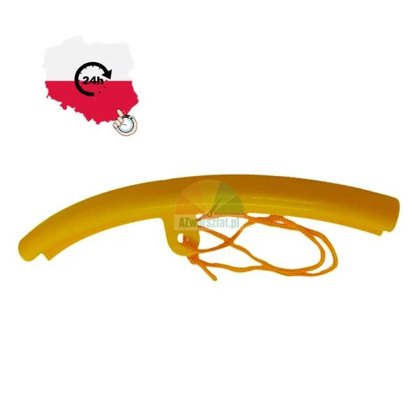 Yellow plastic rim protector with an orange string, preventing scratches during tire mounting.