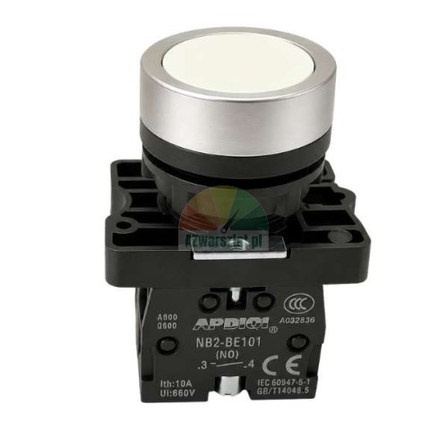 White round push-button switch with metal bezel and black NO NC contact block