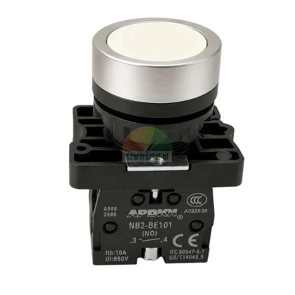 White round push-button switch with metal bezel and black NO NC contact block
