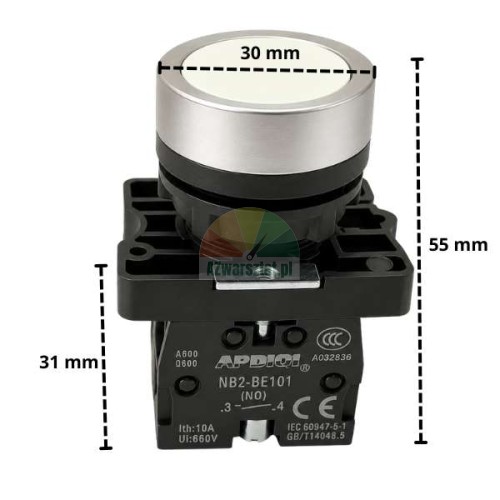 White lift push button 1 x NO, 1 x NC with 30 mm diameter and dimensions