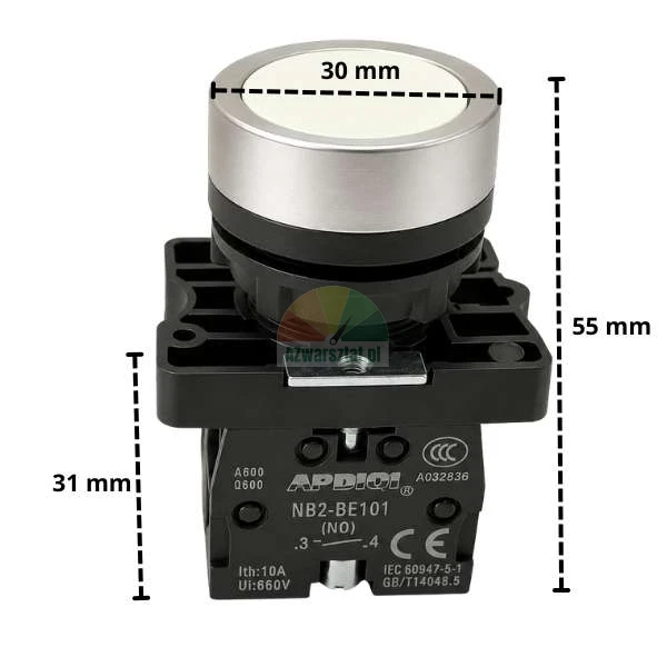 White lift push button 1 x NO, 1 x NC with 30 mm diameter and dimensions