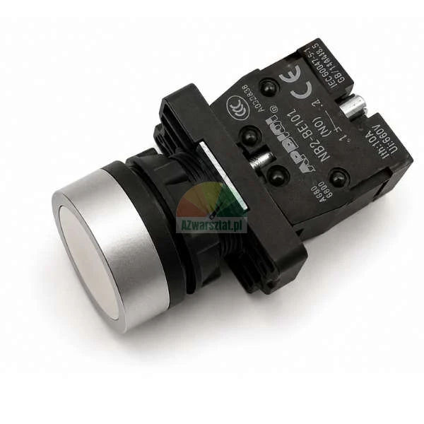 Industrial push-button switch NB2-BE101 with a normally open (NO) contact block, featuring a silver metal bezel and black housing on a white background.