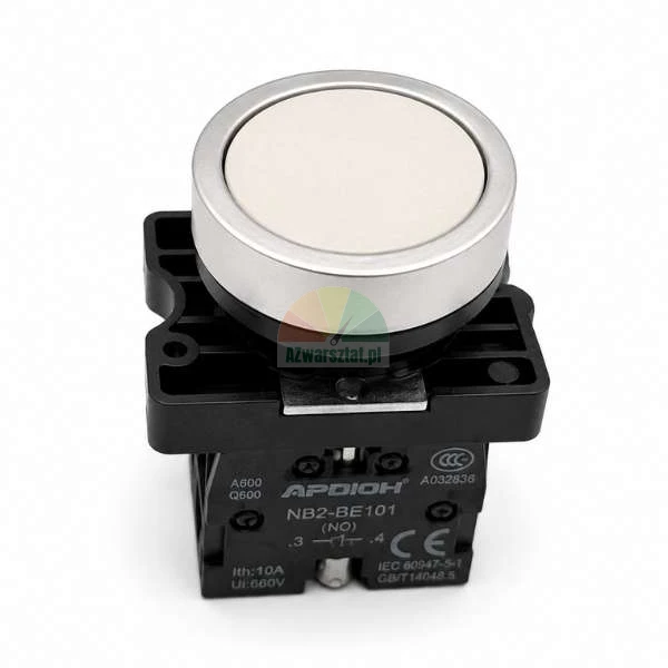 White industrial push button switch with a metallic bezel and black mounting base, model APDIOH NB2-BE101.