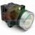 Industrial push button switch with a round white button, metallic silver bezel, and black plastic contact block on a white background.