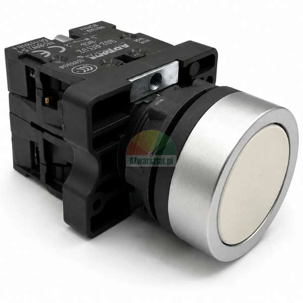 Industrial push button switch with a round white button, metallic silver bezel, and black plastic contact block on a white background.
