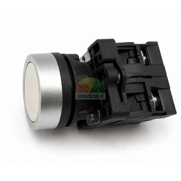 Flat push button switch with a metallic silver bezel and a black plastic contact block on a white background.