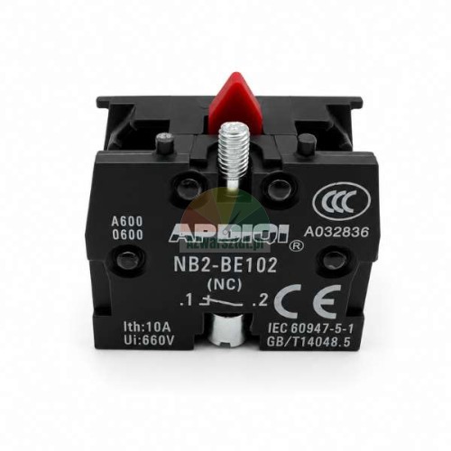 Black contact block NB2-BE102 1 x NC by APDQI with a red actuator.