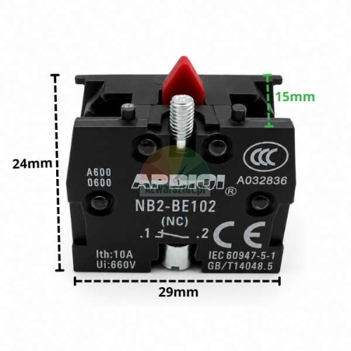 NC contact block APDIQI NB2-BE102 for push button with dimensions 29x24 mm.