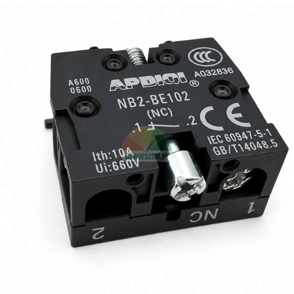 Black APDIQI NB2-BE102 (NC) auxiliary contact block with visible technical specifications, parameters Ith: 10A, Ui: 660V, and screw terminals.