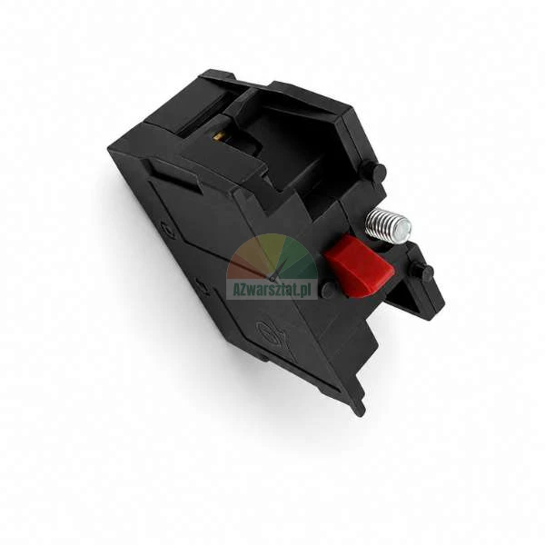 Black plastic mechanism with a red button and a spring on a white background.