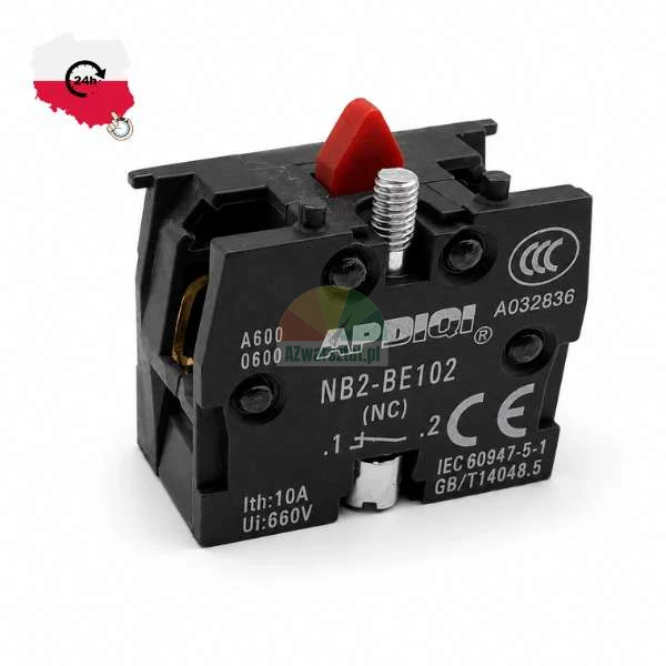 Black auxiliary contact block NC APDIQI NB2-BE102, 10A, 660V, with a red actuator button