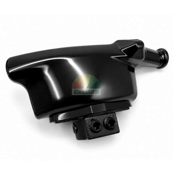 Glossy black metal coolant outlet housing with a mounting bracket and two bolts, isolated on a white background.