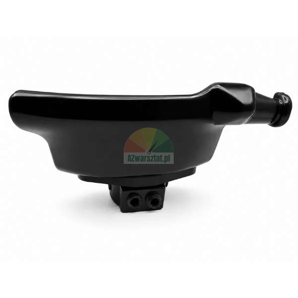 A black, glossy drain basin with a side outlet pipe and a bottom mounting bracket with screws, isolated on a white background.