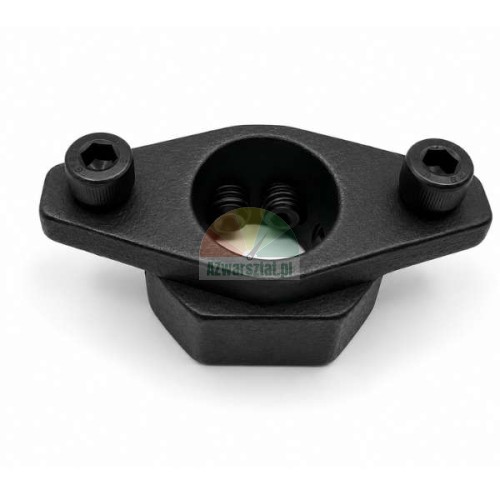 Black metal mounting foot bracket with two hex socket screws and a central hole