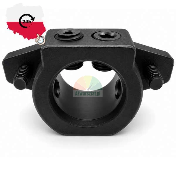 Black metal clamping collar with two allen screws on top and side mounting bolts on a white background