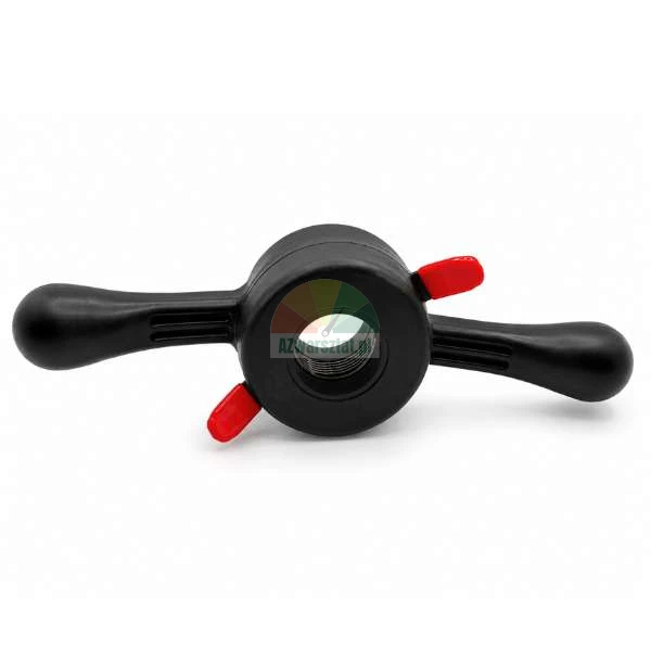 Black quick-release wing nut for wheel balancer with two handles and red release levers, isolated on a white background.