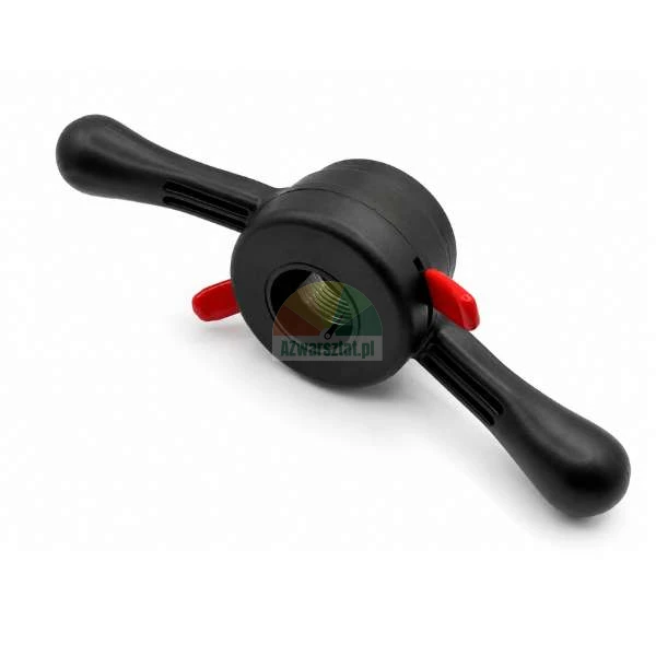 Black quick release wing nut for wheel balancer with red triggers, high angle shot on a white background.