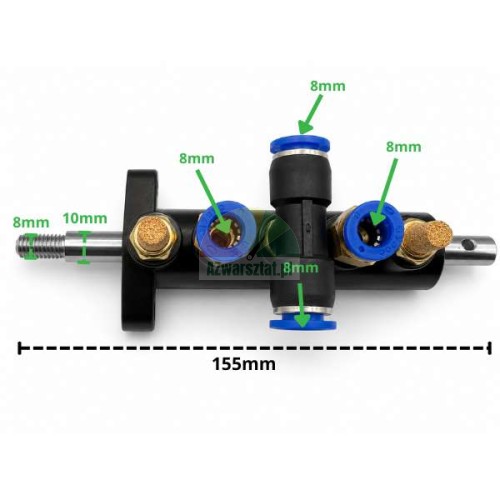 Black pneumatic valve manifold Type B, 155 mm long with 8 mm and 10 mm connectors.