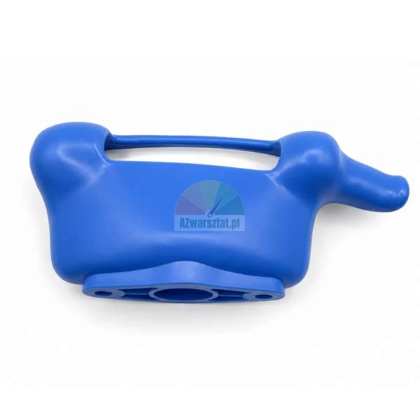 Blue plastic protective cover with an ergonomic shape, featuring a handle and a mounting base.