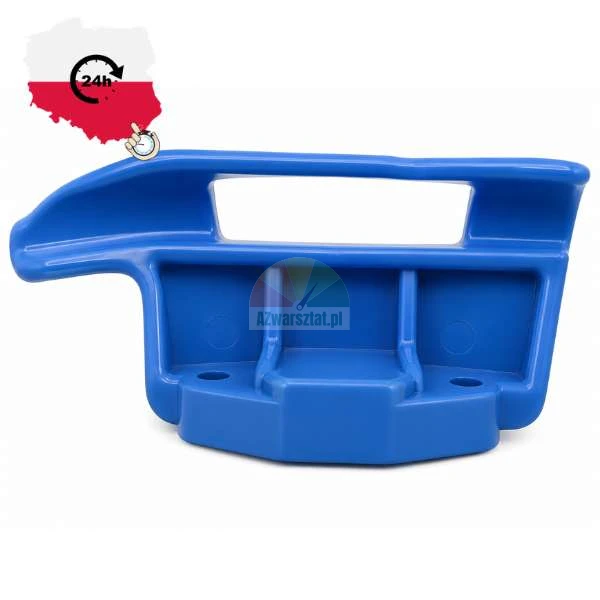 Blue plastic mounting bracket, replacement part with screw holes, featuring a 24h fast shipping from Poland graphic.