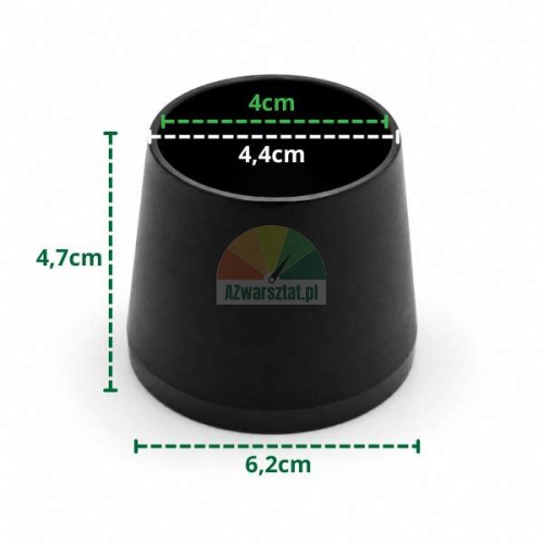 Black conical chair leg protector with dimensions: height 4.7 cm, top diameter 4 cm and 4.4 cm, bottom diameter 6.2 cm.