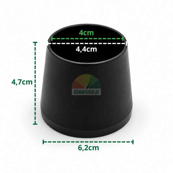 Black conical chair leg protector with dimensions: height 4.7 cm, top diameter 4 cm and 4.4 cm, bottom diameter 6.2 cm.