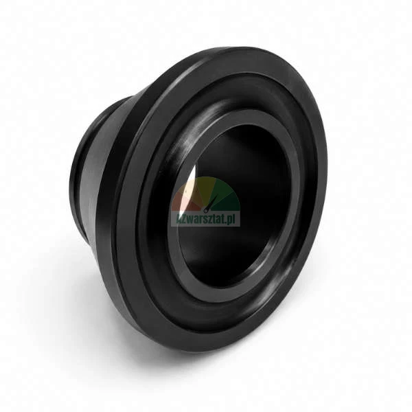 Black circular plastic flange adapter or coupling on a white background.