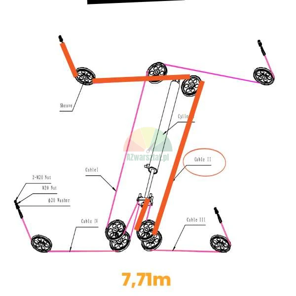 Steel cable routing diagram for Launch TLT440W and TLT440 4-post lift, length 7.71m