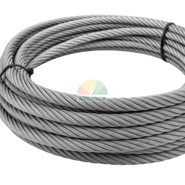 Coiled steel wire rope secured with black zip ties on a white background.