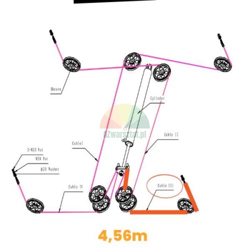Routing diagram of 4.56m steel cable for Launch TLT440W TLT440 four-post lift.