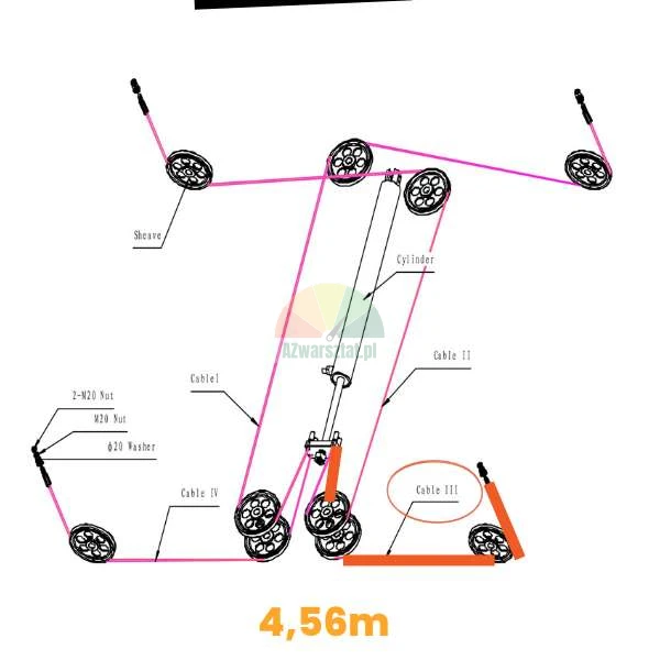Routing diagram of 4.56m steel cable for Launch TLT440W TLT440 four-post lift.