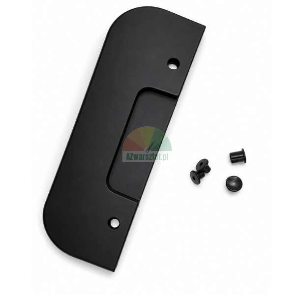 Black oblong recessed pull handle for sliding doors with mounting screws and caps on a white background