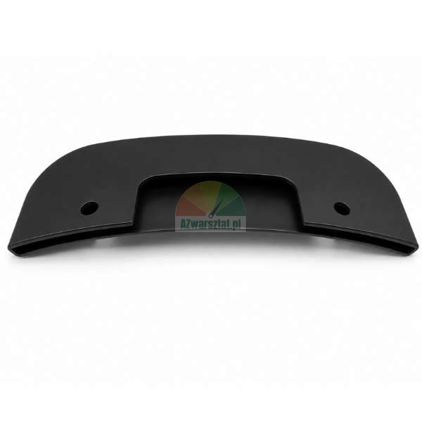 Black, curved plastic mounting element with two holes and a central cutout on a white background.