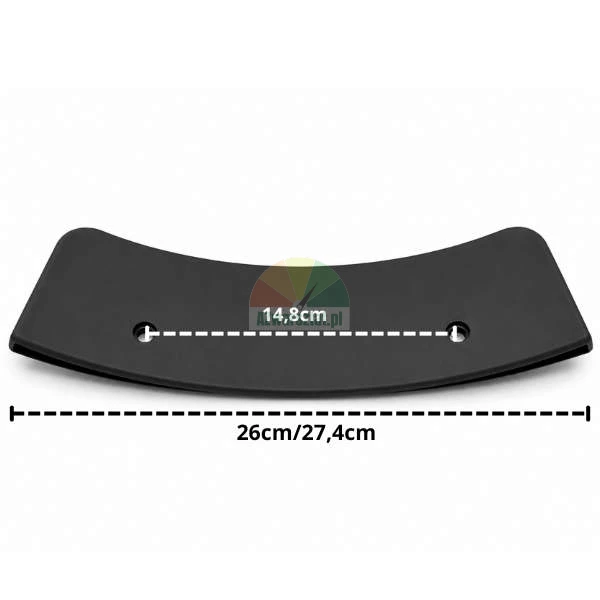 Black curved mounting element with marked dimensions: distance between holes is 14.8 cm, and the total width is 26 cm / 27.4 cm.
