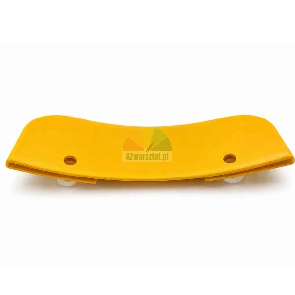 Yellow curved plastic accessory with two holes on a white background
