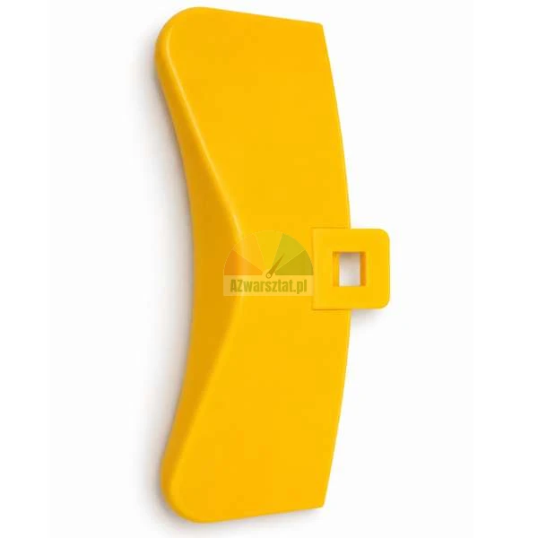 Yellow plastic dough scraper with an ergonomic curved shape and a small side tab with a square hole.