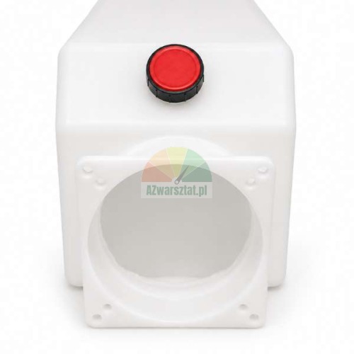 White plastic hydraulic oil reservoir with a red cap and circular mounting flange