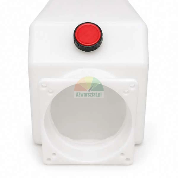 White plastic hydraulic oil reservoir with a red cap and circular mounting flange
