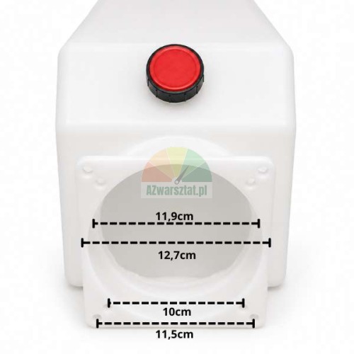 Plastic hydraulic oil tank with a red cap and dimensioned mounting hole