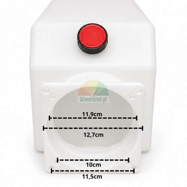 Plastic hydraulic oil tank with a red cap and dimensioned mounting hole