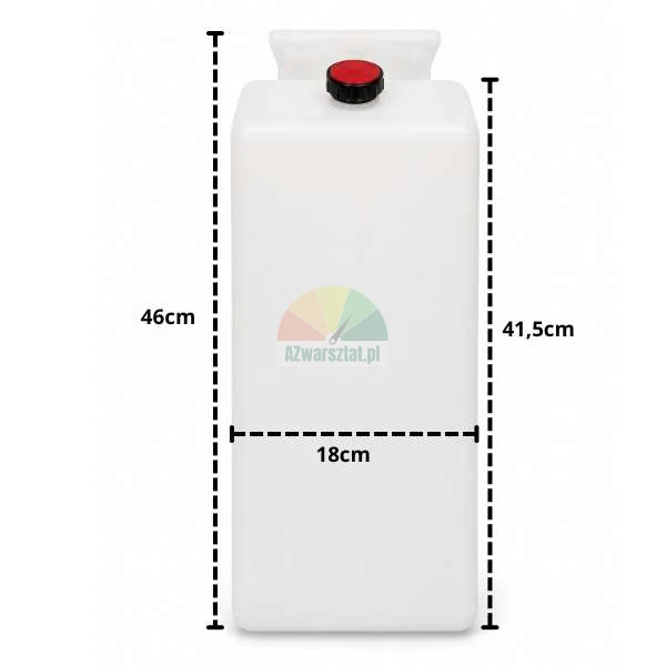 Rectangular white plastic tank with dimensions shown: total height 46 cm, body height 41.5 cm, and width 18 cm. The tank has a black cap with a red center.