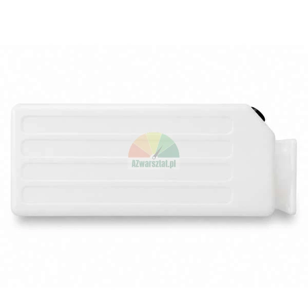 White plastic water tank with horizontal grooves and a black cap on a white background