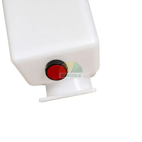 White plastic tank with a black connector and a red cap on the side.