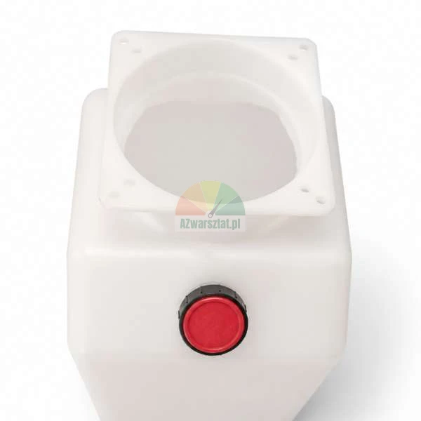 White plastic tank with a square mounting flange at the top and a red cap on the side.