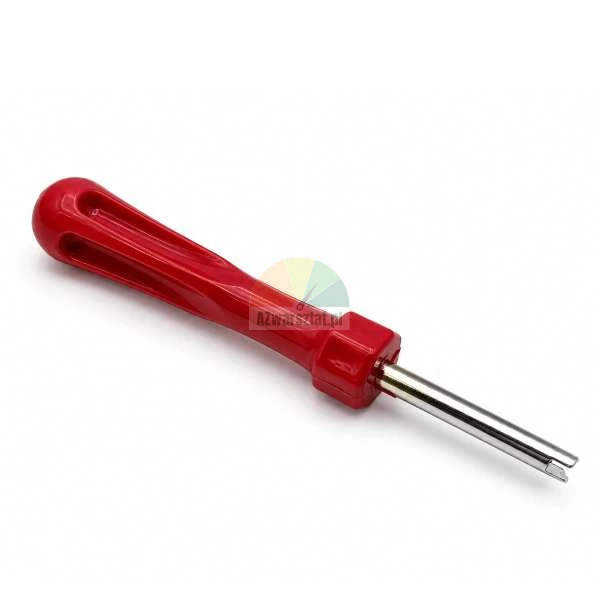 Valve core removal tool with a red plastic handle and metal shaft on a white background.