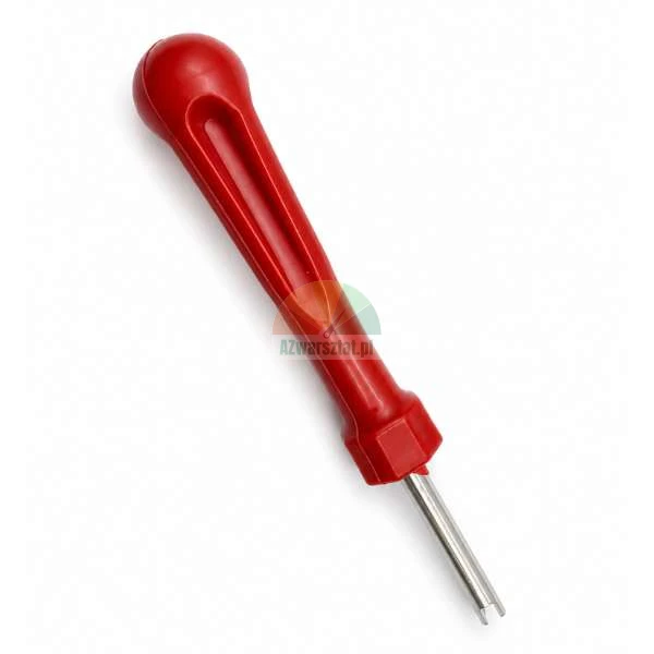 Valve core removal tool with a red plastic handle on a white background.