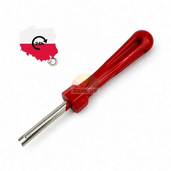 Valve core remover tool with a red handle on a white background